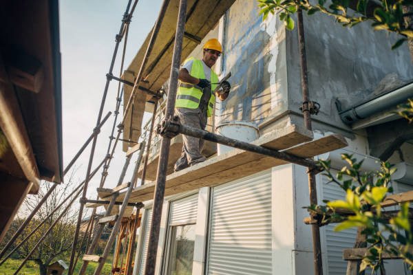 Artisan maçon réalisant le ravalement de façade d'une maison